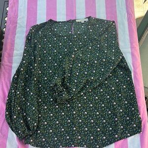 LOFT Green Blouse with Mandarin Collar and Long Sleeves